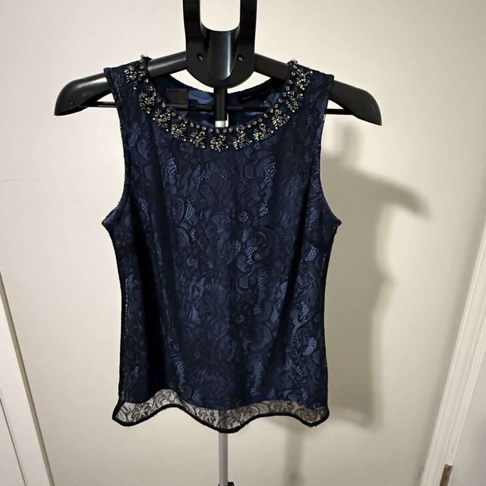 White House Black Market Navy Lace Embellished Blouse